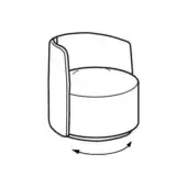 Chloè swivel chair, fabric upholstery, rounded armchair with curved backrest and flared side panel, circular base, technical illustration.