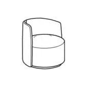 Chloè armchair line drawing, rounded white form, minimalist seat and backrest, continuous surface, pedestal base, studio rendering.