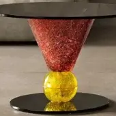 Side table, black and red resin, circular top with spherical pedestal base, studio lighting, modern design.