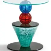 Marameo side table, stacked glass, blue sphere, red sphere, turquoise cone base, black lacquer, textured glass, studio shot.