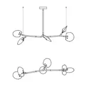 Chandelier technical drawing, black lines on white, with central stem, three arms, disc shades, and angled reflectors in minimalist design.
