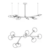 Modern chandelier black line drawing, vertical stem with three cables, circular disc lights, minimalist tree branch form.