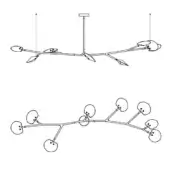 Modern chandelier black line drawing, central rod with branching arms, rounded leaf-like shades, minimalist design, white background.