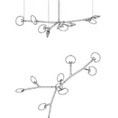 Modern chandelier with brushed metal finish, featuring asymmetrical branch-like arms and rounded dome-shaped light fixtures suspended from a circular mount.