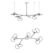 Modern chandelier line drawings, black and white, showing linear and branching designs with circular shades and minimalist forms.