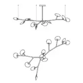 Lighting fixture technical drawing, black lines on white, showing horizontal and vertical views of a branched, spherical element design.