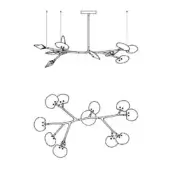 Black and white line drawings of modern chandeliers, asymmetrical designs with circular fixtures and organic, tree-like branching structures.
