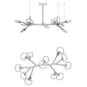 Chandelier line drawing, black on white, stylized tree branch form with rounded disc elements and central suspension cables.