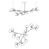 Modern chandelier line drawing, steel finish, rectangular plate with asymmetrical spherical lights extending from branch-like arms.