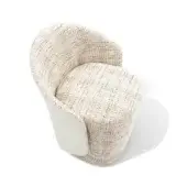 Exceptional Giorgetti Annette armchair upholstered in woven light beige and brown textile with off-white accents and stitched leather backrest