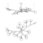 Chandelier technical drawing, metallic arms with spherical lights, branching plant structure, side and three-quarter views, white background.