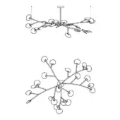 Chandelier line drawings, black and white, showcase tree-branch forms with spherical lights in compact and radial arrangements.
