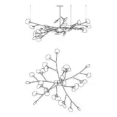 Chandelier line drawings, black on white, show rectangular mounting plates with branching arms and circular illuminated globes, organic forms.