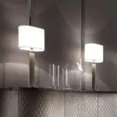 Distinguished DV Home Collection Adler table lamp with light brown Alligatore leather and white fabric lampshade in chrome finish
