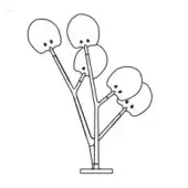 Floor lamp line drawing, black on white, five rounded lampshades with face-like details, slender arms, rectangular base.