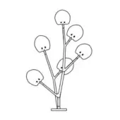 Floor lamp line drawing, metal arms, six rounded lampshades with dot details, minimalist style, white background studio shot.