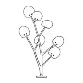 Floor lamp black line drawing, tree-like form, rectangular base, multiple orb lampshades with circular details, minimalist aesthetic.