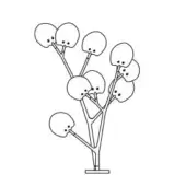 Abstract botanical illustration, white background, symmetrical branching stems with dotted bulbous forms, clean line art, digital graphic.