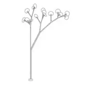Floor lamp, dark metal, tree-form design with multiple rounded lampshades and slender vertical stem on circular base.