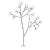Floor lamp, metallic rods, tree-form design with spherical shades extending from branching structure against a white backdrop.