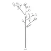 Floor lamp black and white line drawing, slender pole, square base, spherical shades, branch-like arms, symmetrical modern design.