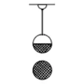 Pendulum apparatus diagram, dark metal, vertical rod suspends perforated half-disc above solid circle, technical illustration, white background.