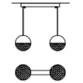 Two gray spherical containers hang above a dumbbell with large spheres, all with matte finishes on a white background.