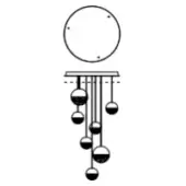 Chandelier with metal rods and spherical shades, featuring a two-tone color block design in a cascading, linear arrangement against white.