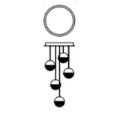 Metal mobile sculpture with a circular silver ring, matte black and white spherical weights, and cascading vertical rods.