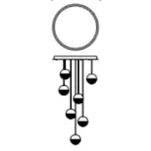 Chandelier black and white line drawing, circular form with cascading vertical rods and dual spherical elements, minimalist modern design.