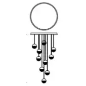 Wind chime with black and silver spherical ornaments, cascading from a circular metal ring and horizontal bar, minimalist design.