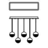 Chandelier with dark gray spherical fixtures, silver horizontal bar, and rectangular mounting plate in a symmetrical arrangement.