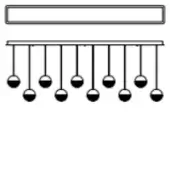 Chandelier with silver rods and matte black spheres, rectangular bar, layered arrangement, studio product shot, white background.