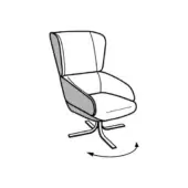 Lounge chair, light gray fabric, curved backrest with swivel base; modern design, five-prong polished metal, studio product shot.