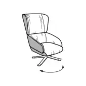 Swivel chair, fabric upholstery, curved backrest, polished steel five-star base, arrow indicates rotation, modern design, white background.