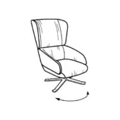Swivel chair line drawing, black and white, curved back, padded seat, five-star metallic base, with arrow showing rotation function.
