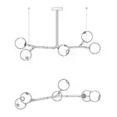 Modern chandelier black line drawing, cylindrical canopy, horizontal arms supporting perforated spherical glass globes, branching metal structure.