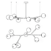 Chandelier design drawings, linear and branching forms, spherical glass globes, metal arms, minimalist aesthetic, monochromatic lines, white background.