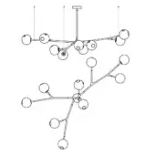 Chandelier line drawing, metal construction, multi-tiered design with spherical lights branching from a central vertical rod on a white background.