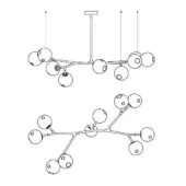 Modern chandelier technical drawing, matte silver metal, spherical glass globes, two variations shown with differing arm arrangements.