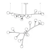 Modern chandelier technical drawings, metal and glass, featuring linear branching structures with spherical lights and minimalist geometric forms.