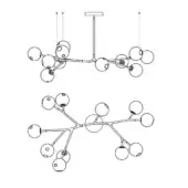 Modern chandelier designs, black line drawings, horizontal bar with globes and branching tree form, minimalist aesthetic, white background.