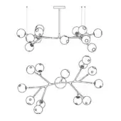 Chandelier line drawing, metal finish, with horizontal bar and curved arms supporting multiple spherical glass globes, suspended by vertical rods.