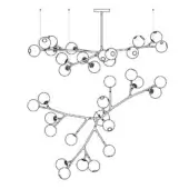 Chandelier line drawing, metal rods, spherical orbs, branching structure, minimalist design, technical schematic, white background.