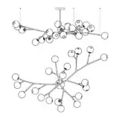 Chandelier line drawings, minimalist style, featuring branching arms with spherical light fixtures in geometric arrangements.