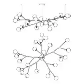 Modern chandelier designs, black line drawings, spherical orbs connected by metal rods, linear and branching forms, minimalist aesthetic.