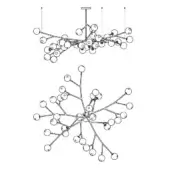 Modern chandelier designs, linear and branching forms, black line drawings on white, metal construction, spherical light fixtures.