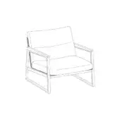 Minimalist armchair with light fabric upholstery, square form, and angled metal frame legs against a white background.