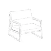 Contemporary armchair, light fabric upholstery, square backrest and seat, with angled metal legs and minimalist geometric form.