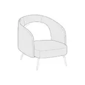 Armchair, gray fabric upholstery, rounded enveloping design with curved back and tapered silver legs.